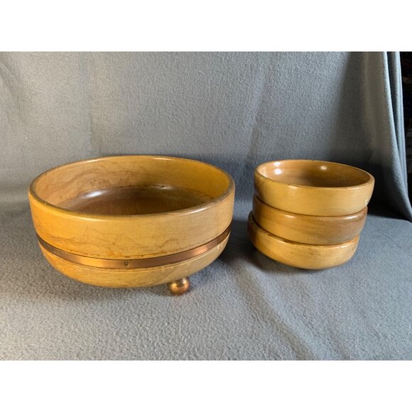 Vintage Wooden Salad Bowl Set with Copper Trim 4 Piece Mid Century Modern Footed - Picture 13 of 13